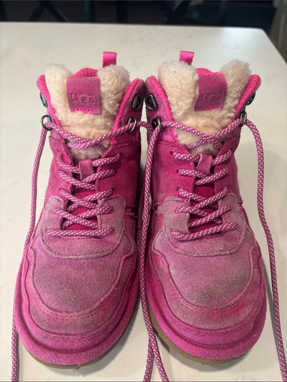 UGG Kids Hot Pink Suede Shearling-Lined Lace-Up Boots